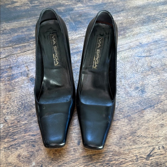 Italian leather Black Square-Toe block Heels size 9 - Picture 7 of 13